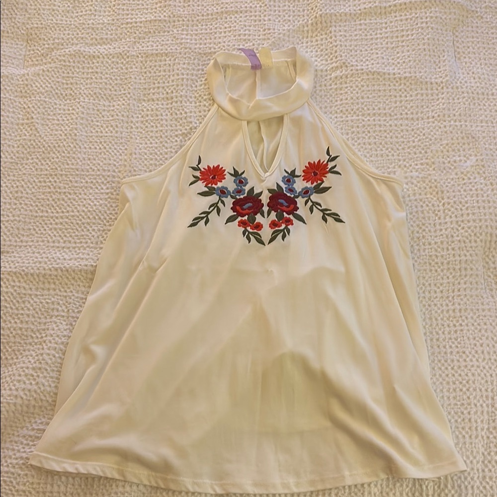 Floral Embroidered Halter Neck Top - Cream